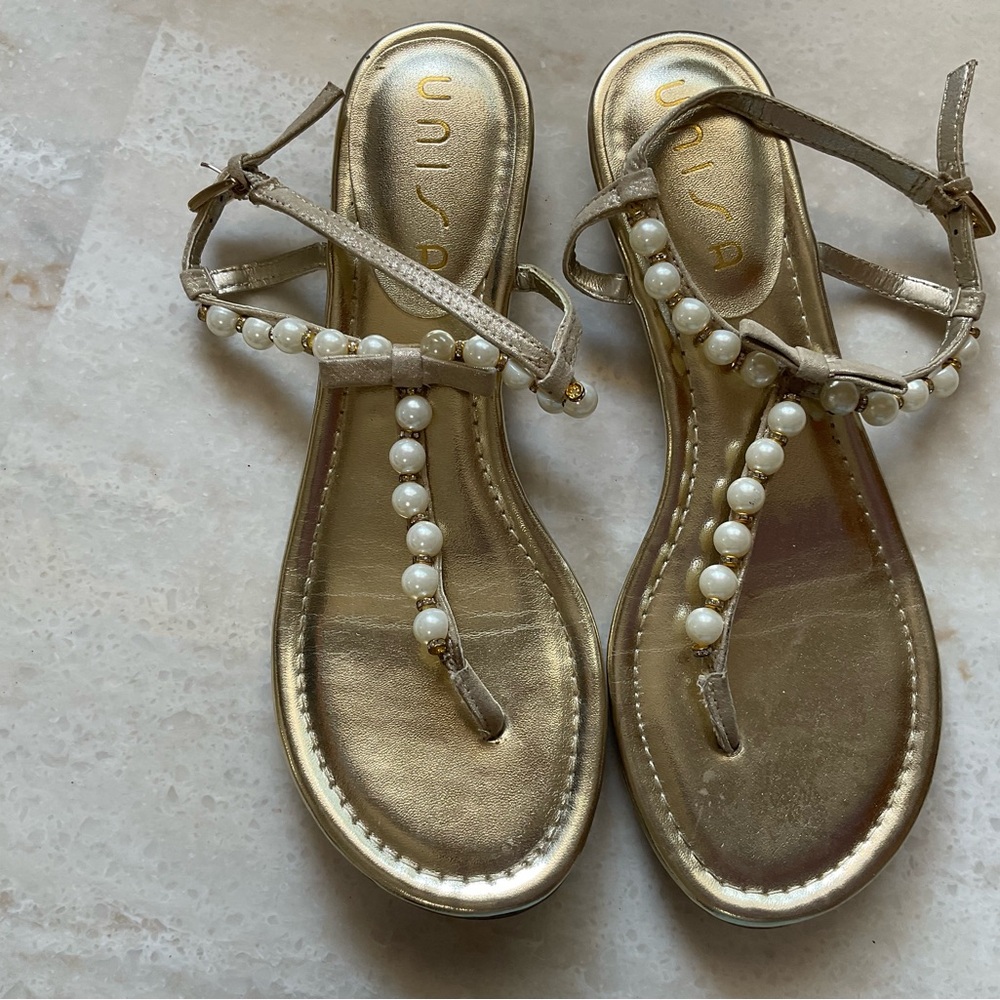 Unisa Gold Sandals with Pearl Embellishments